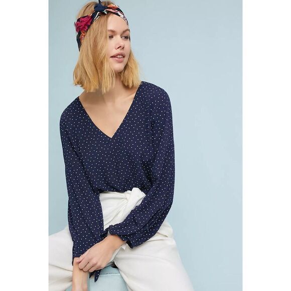 ✨Anthropologie Maeve Pernille Tie-Sleeve Navy Sz Medium Blouse✨ - Picture 2 of 8